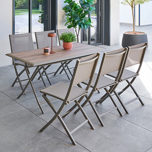 Azua folding table 6 seats glass printed wood effect truffle coffee