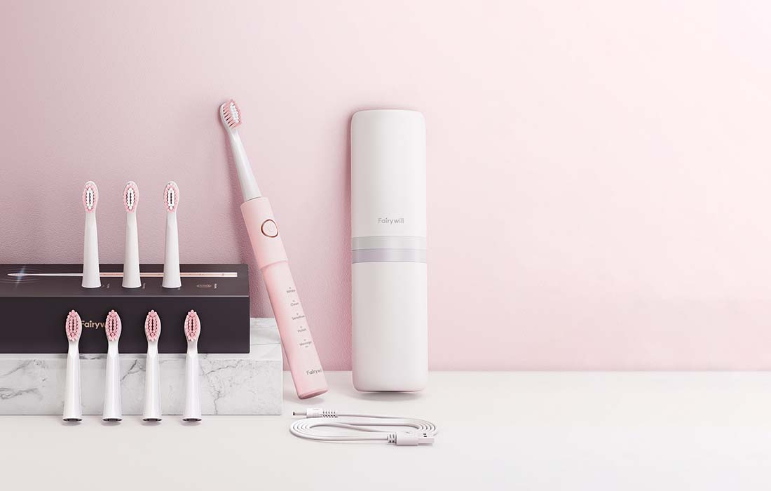 Periuță de dinți electrică cu ultrasunete FairyWill FW-E11 cu 8 accesorii și husă, roz