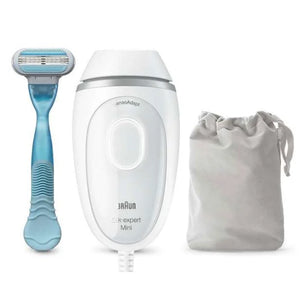Fotoepilator Braun IPL Silk expert Mini PL1124 IPL, SensoAdapt, 300.000 de impulsuri, 3 niveluri de intensitate, Corp și față, aparat de ras Venus, geantă de călătorie, alb/gri