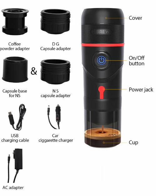 Cafetieră portabilă 3 în 1 HiBREW H4-basic cu adaptor, 80W, 15 bar, Negru