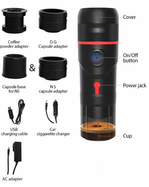 Cafetieră portabilă 3 în 1 HiBREW H4-basic cu adaptor, 80W, 15 bar, Negru