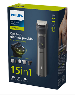 Aparat de tuns 15 în 1 Philips Multigroom MG7940/75, BeardSense, 22 de lungimi, rezistent la apă, negru/argintiu
