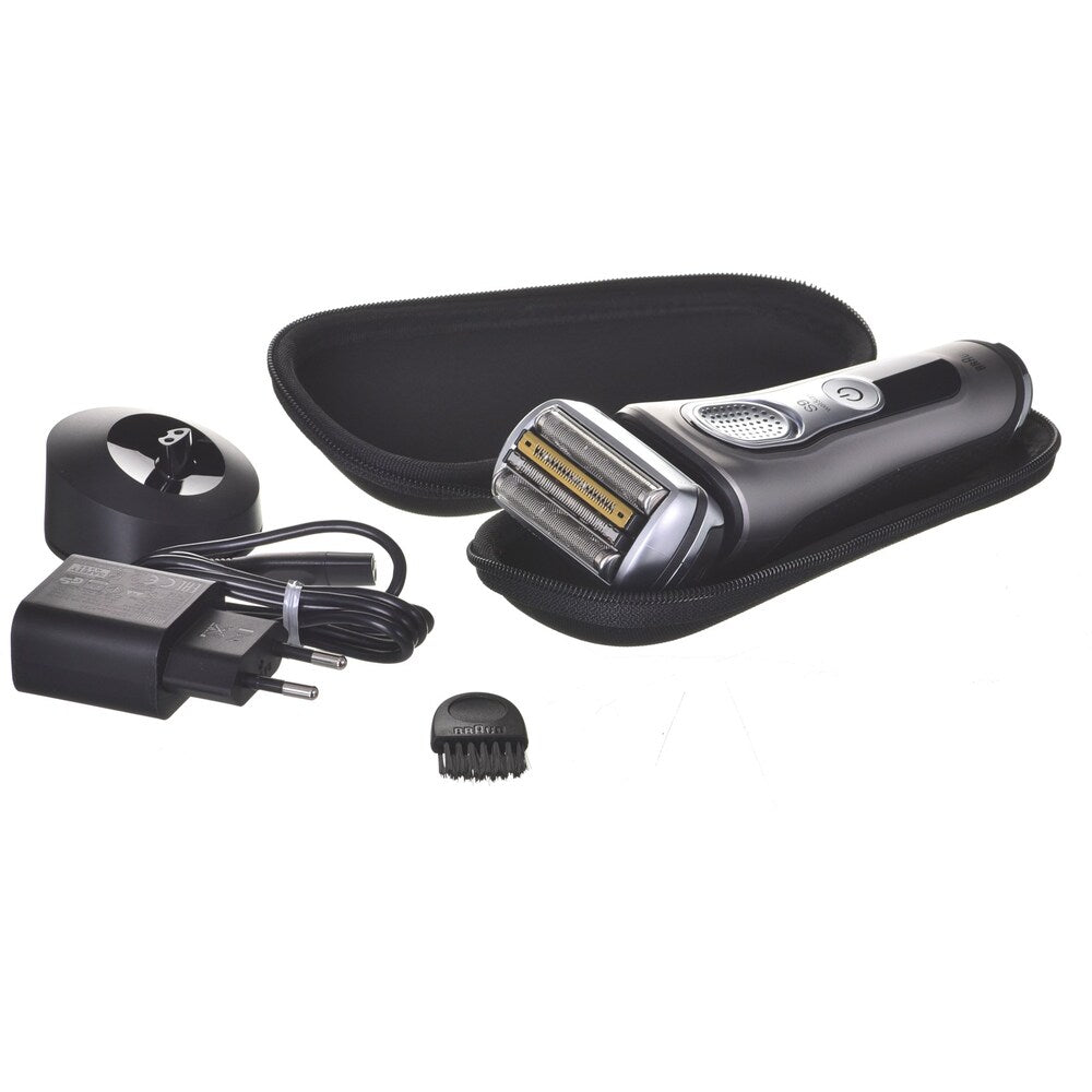 Aparat de ras Braun Series 9 9325s Wet&amp;Dry, 40.000 de tăieturi, SensoFlex, Sensofoil, stație de încărcare, kit de călătorie, argintiu/grafit 