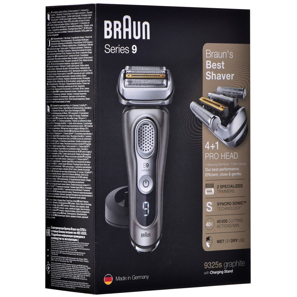 Aparat de ras Braun Series 9 9325s Wet&amp;Dry, 40.000 de tăieturi, SensoFlex, Sensofoil, stație de încărcare, kit de călătorie, argintiu/grafit 