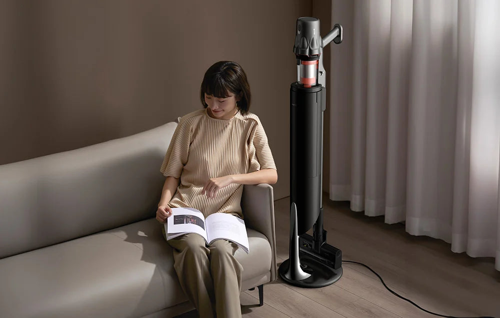 Aspirator vertical Deerma DEM-T30W cu stație, 240W, 23kPa, Lampă optică, Fără fir, Negru