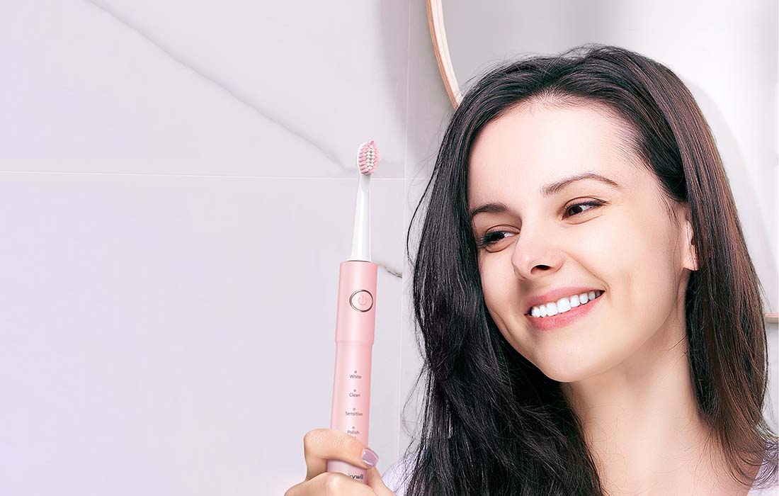 Periuță de dinți electrică cu ultrasunete FairyWill FW-E11 cu 8 accesorii și husă, roz