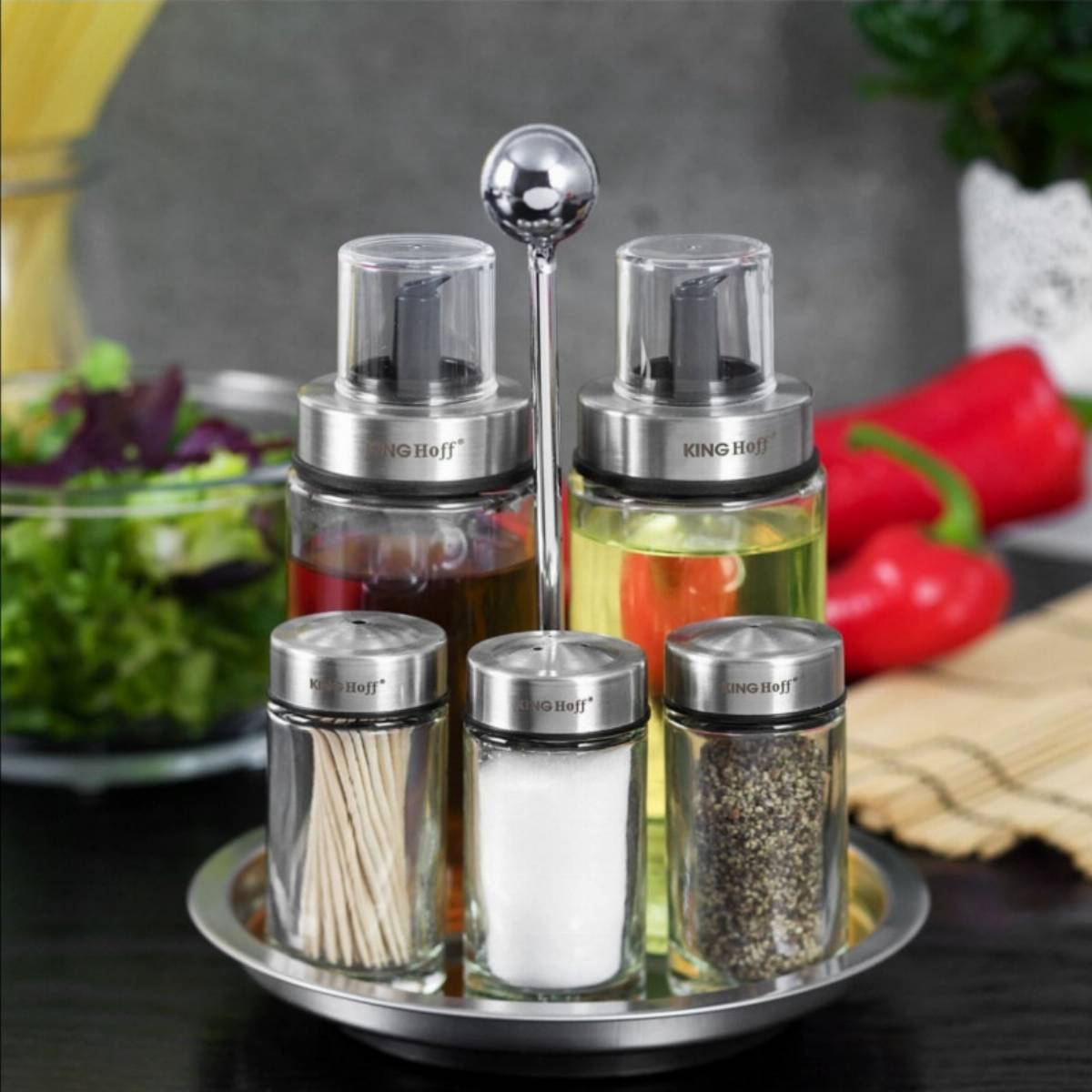 Set de 6 solnițe și ulei de măsline Kinghoff 1648, suport rotativ, sticlă/oțel inoxidabil