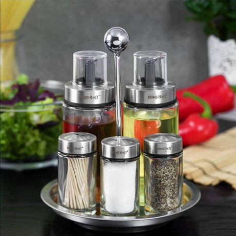 Set de 6 solnițe și ulei de măsline Kinghoff 1648, suport rotativ, sticlă/oțel inoxidabil