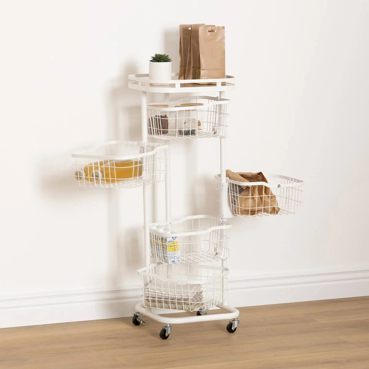 Cărucior de bucătărie 5five Balm, MDF și metal alb, 5 coșuri, 34,5x31x91 cm