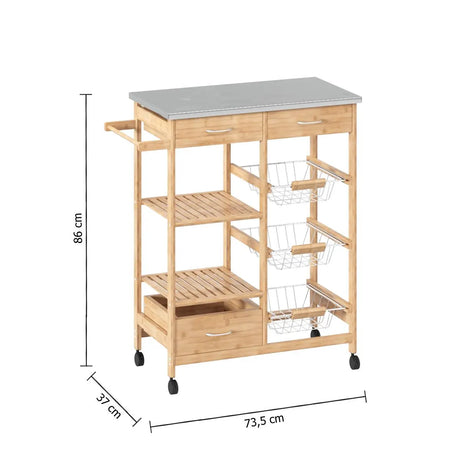 Cărucior de bucătărie 5five, mare, bambus, cu blat metalic