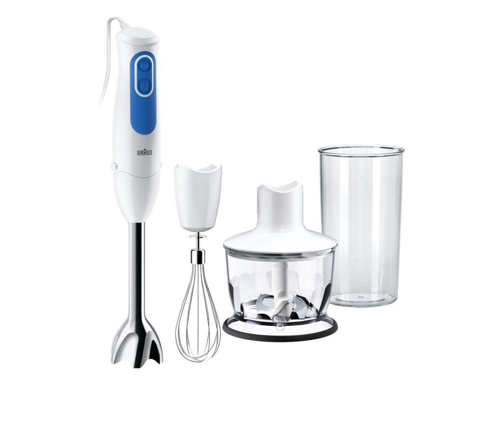 Blender pentru sos Braun MultiQuick 3035 WH, 700W, 2 viteze, Tocător 0.5 l, Pahar gradat din sticlă 0.6 l, Sârmă, Alb/Albastru
