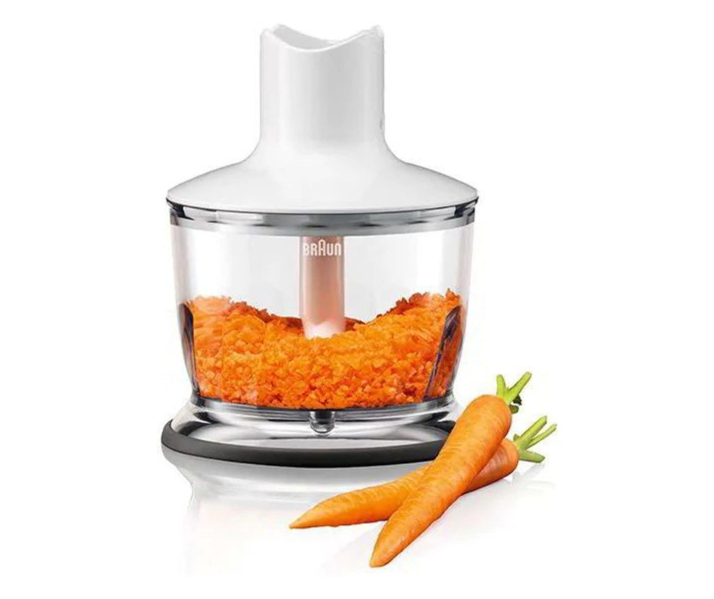 Blender pentru sos Braun MultiQuick 3035 WH, 700W, 2 viteze, Tocător 0.5 l, Pahar gradat din sticlă 0.6 l, Sârmă, Alb/Albastru