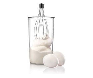 Blender pentru sos Braun MultiQuick 3035 WH, 700W, 2 viteze, Tocător 0.5 l, Pahar gradat din sticlă 0.6 l, Sârmă, Alb/Albastru