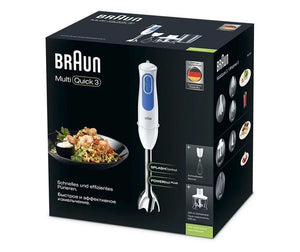 Blender pentru sos Braun MultiQuick 3035 WH, 700W, 2 viteze, Tocător 0.5 l, Pahar gradat din sticlă 0.6 l, Sârmă, Alb/Albastru