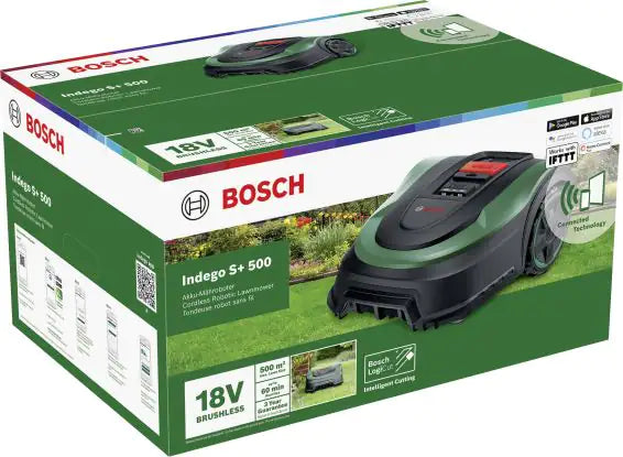 Mașină de tuns iarba robotizată Bosch, Indego S+ 500, 18 V, 500 m2, Verde/Negru