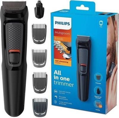 Aparat de tuns facial multifuncțional 6 în 1 Philips Multigroom MG3710/15, Fără fir, Lame auto-ascuțitoare, 4 piepteni, Negru 