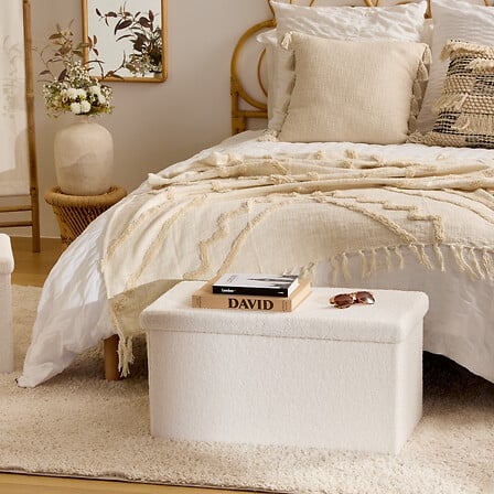 Bancă cu spațiu de depozitare Jaiko, Boucle, Alb, 76x38 cm