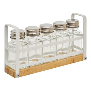 Поставка за подправки 5five Balm, 5 стъклени буркана, Бяла, 21.8 cm