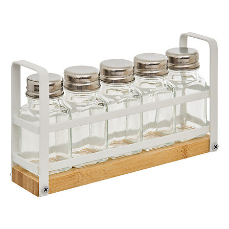 Поставка за подправки 5five Balm, 5 стъклени буркана, Бяла, 21.8 cm