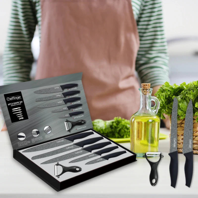 Set de cuțite Cheffinger MB06 cu curățător de pâine, 6 piese, acoperire antibacteriană, granit