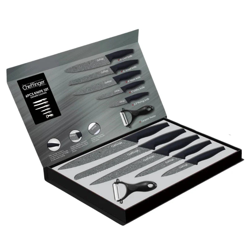 Set de cuțite Cheffinger MB06 cu curățător de pâine, 6 piese, acoperire antibacteriană, granit