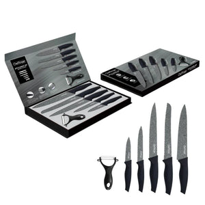 Set de cuțite Cheffinger MB06 cu curățător de pâine, 6 piese, acoperire antibacteriană, granit