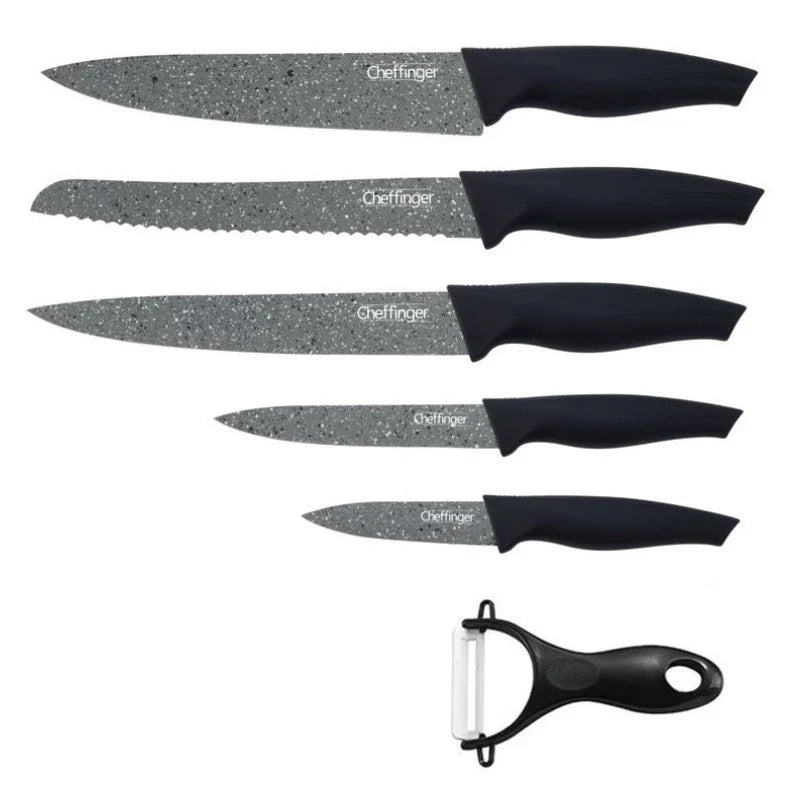 Set de cuțite Cheffinger MB06 cu curățător de pâine, 6 piese, acoperire antibacteriană, granit