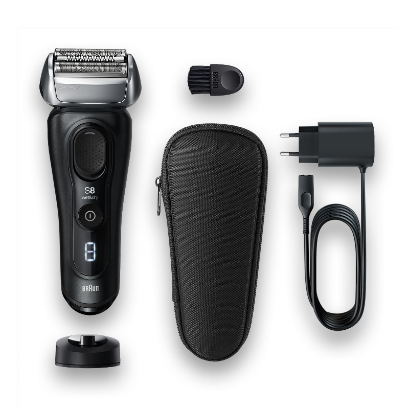 Aparat de ras Braun Series 8 8410s Wet&amp;Dry, 30.000 de tăieri, 4 elemente de tăiere, SensoFlex, AutoSense, Bază de încărcare, Kit de călătorie, Negru