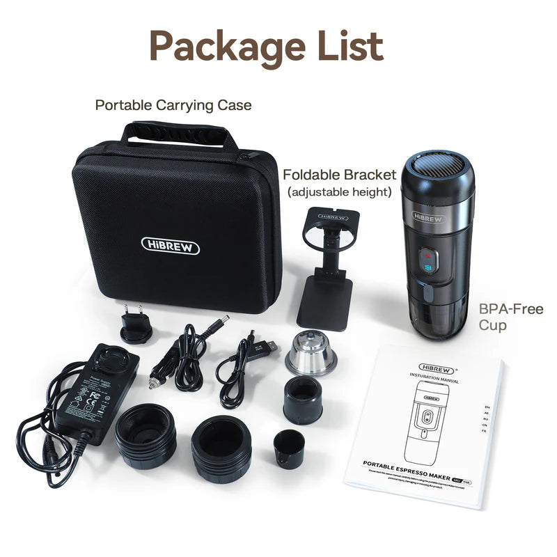 Cafetieră portabilă 3 în 1 HiBREW H4A-premium cu adaptor și geantă de transport, 80W, 15 bar, Negru