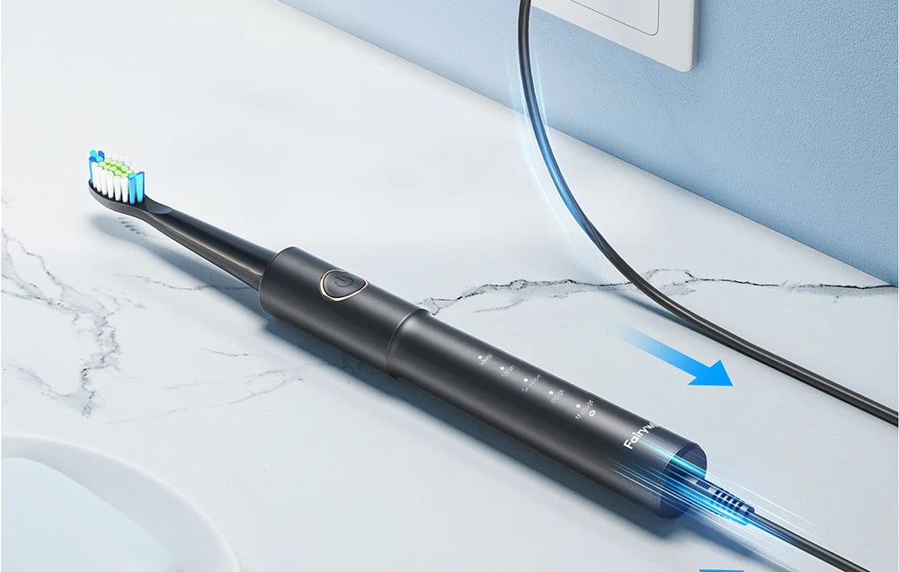 Periuță de dinți electrică cu ultrasunete FairyWill FW-E11 cu 8 accesorii și husă, Neagră