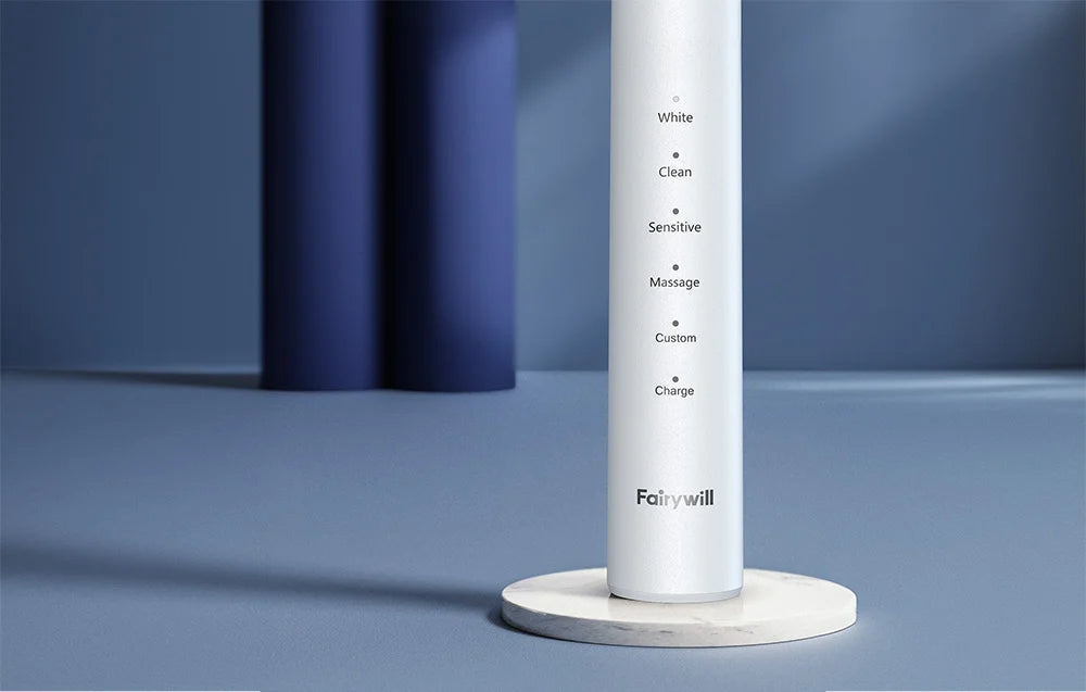Periuță de dinți electrică cu ultrasunete FairyWill FW-P80 cu 8 accesorii și husă, albă
