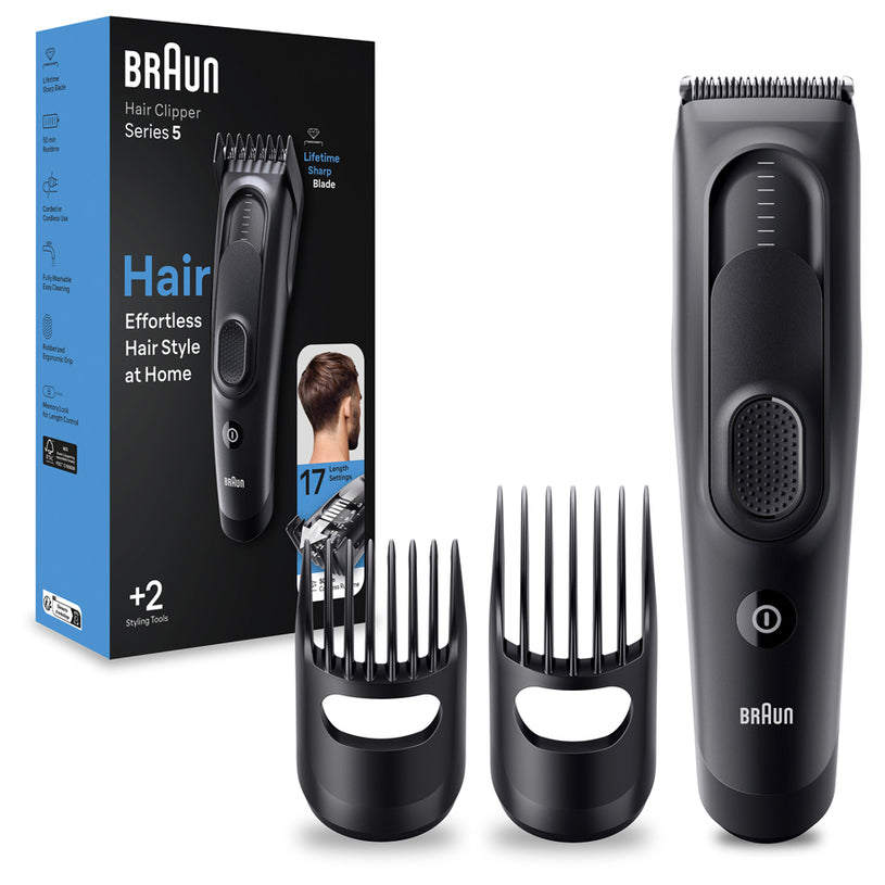 Mașină de tuns electrică Braun Series 5 HC5330, blocare de siguranță cu memorie, 17 setări de lungime, 2 piepteni, autonomie a bateriei de 50 de minute, neagră
