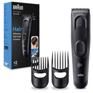 Mașină de tuns electrică Braun Series 5 HC5330, blocare de siguranță cu memorie, 17 setări de lungime, 2 piepteni, autonomie a bateriei de 50 de minute, neagră