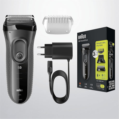 Aparat de ras Braun 3000BT Shave&amp;Style 3 în 1, aparat de tuns, 5 accesorii de bărbierit, gri