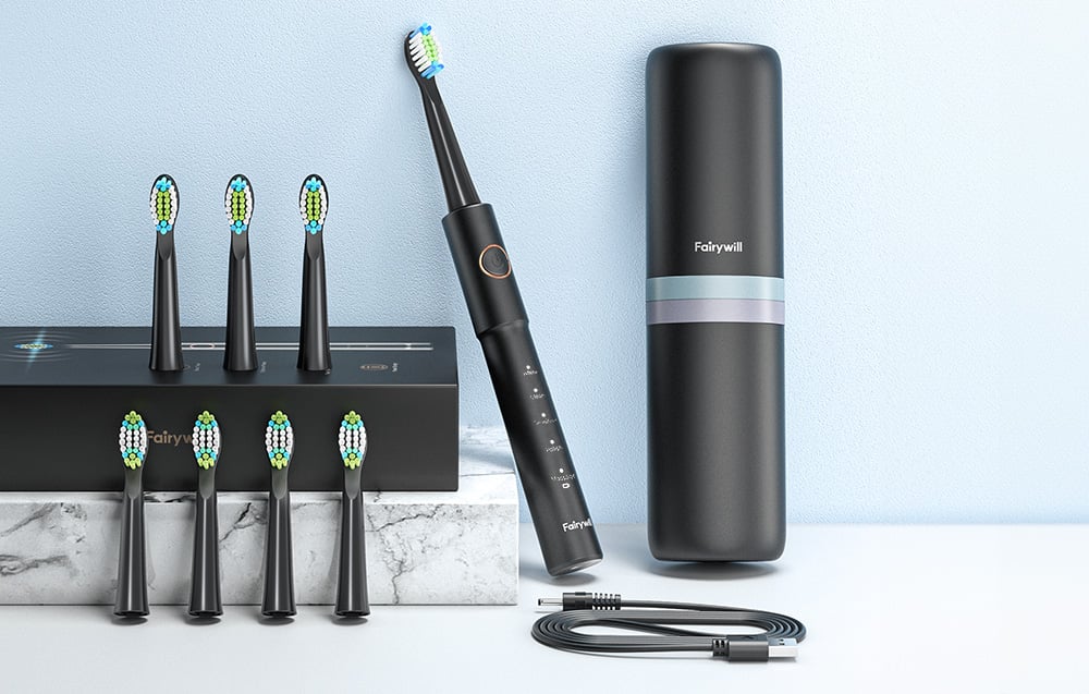 Periuță de dinți electrică cu ultrasunete FairyWill FW-E11 cu 8 accesorii și husă, Neagră