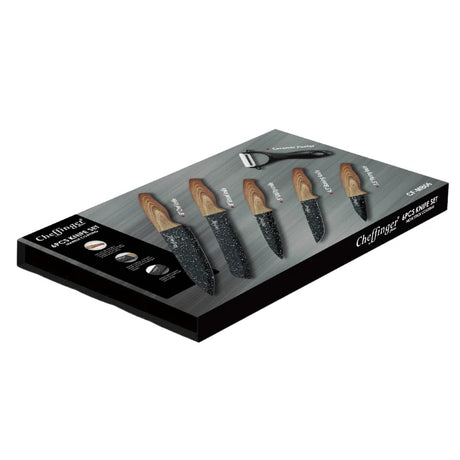 Set de cuțite Cheffinger MB06 cu curățător de pâine, 6 piese, acoperire antibacteriană, lemn