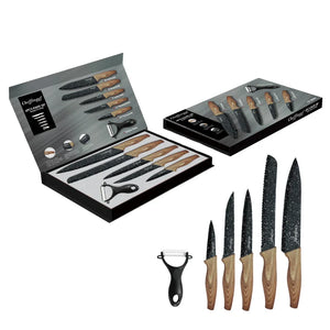 Set de cuțite Cheffinger MB06 cu curățător de pâine, 6 piese, acoperire antibacteriană, lemn