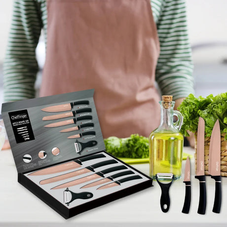 Set de cuțite Cheffinger MB12 cu curățător de pâine, 6 piese, strat antibacterian, roz