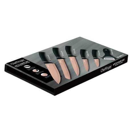 Set de cuțite Cheffinger MB12 cu curățător de pâine, 6 piese, strat antibacterian, roz