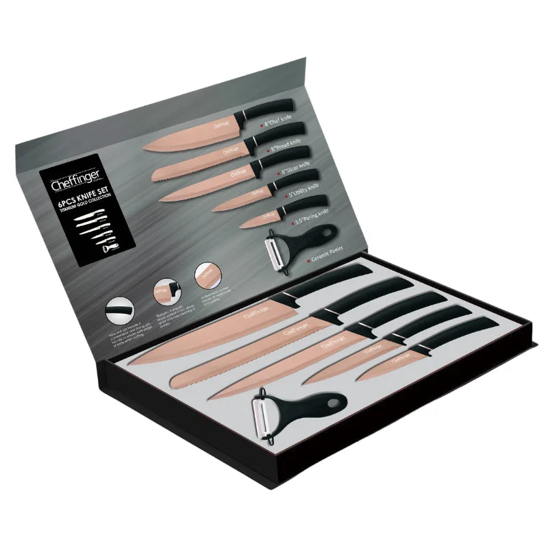 Set de cuțite Cheffinger MB12 cu curățător de pâine, 6 piese, strat antibacterian, roz