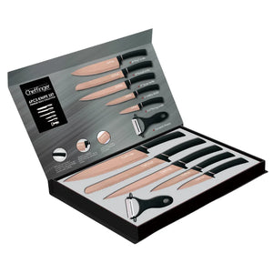 Set de cuțite Cheffinger MB12 cu curățător de pâine, 6 piese, strat antibacterian, roz