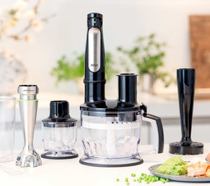 Blender Braun MultiQuick 7087X, 1000 W, Cană gradată 0,6 l, Robot de bucătărie 1,5 l, Tocător 0,35 l, Accesoriu pentru piure, Sârmă, Viteză variabilă, Negru