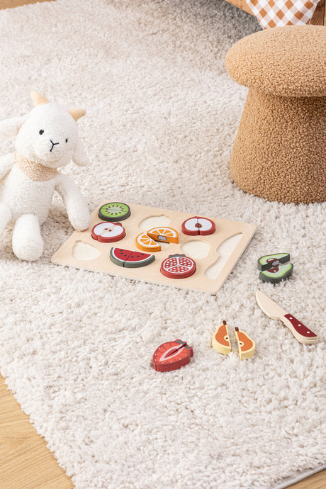 Jucărie pentru copii din lemn cu oală cu fructe, MDF 30x22 cm