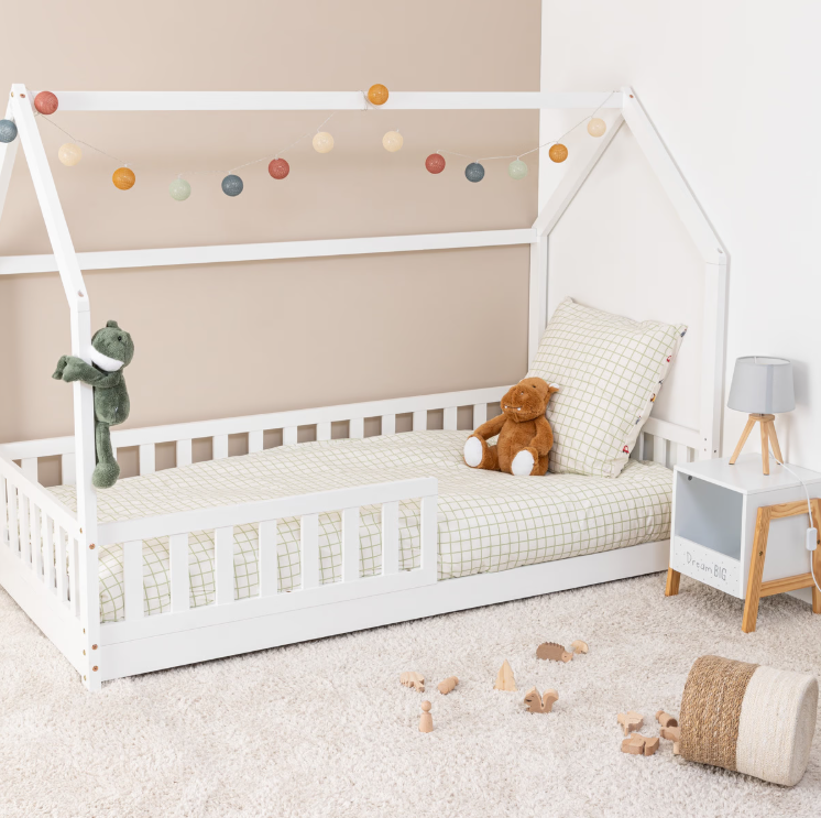 Pat pentru copii Montessori Atmosphera Bosco, 90x190 cm, MDF, Alb