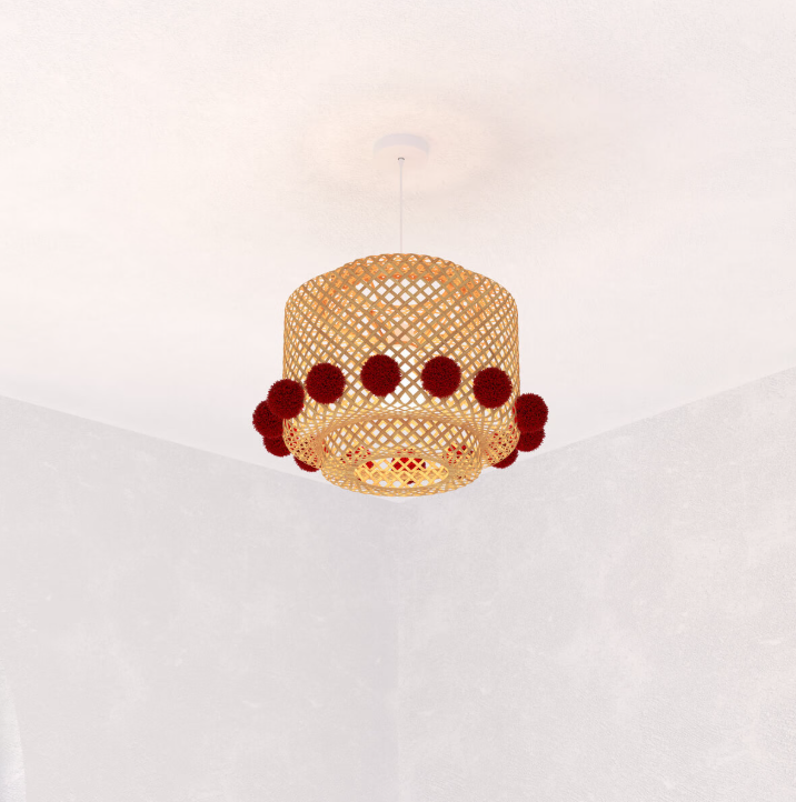Lampă suspendată pentru copii Atmosphera Liby, bambus cu pompoane roșii, 30 cm