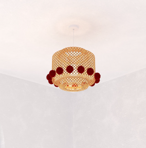 Lampă suspendată pentru copii Atmosphera Liby, bambus cu pompoane roșii, 30 cm