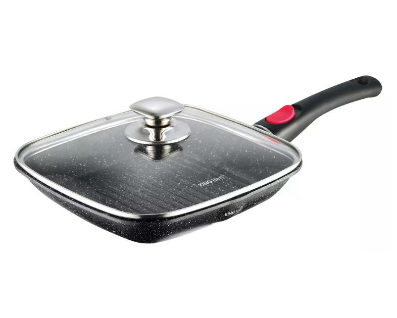 Tigaie grill KingHoff 1511, 28 cm, acoperire din marmură, capac și mâner detașabil 