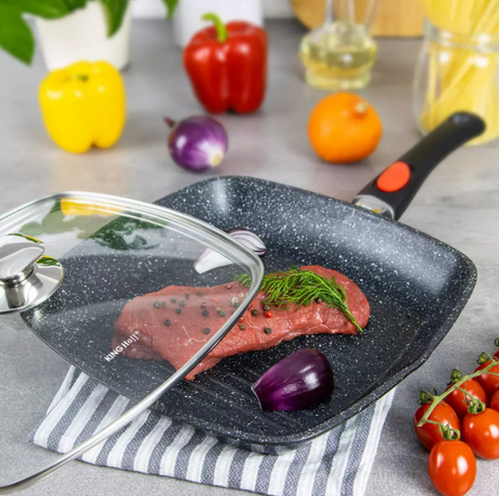 Tigaie grill KingHoff 1511, 28 cm, acoperire din marmură, capac și mâner detașabil 