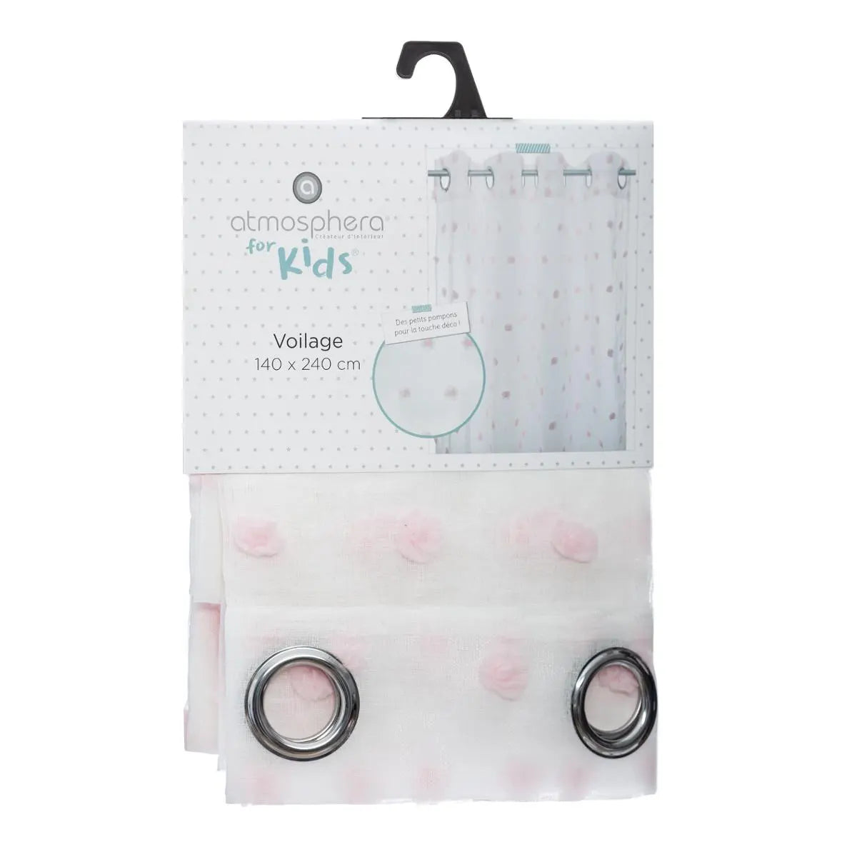 Perdea transparentă pentru copii Atmosphera cu pompoane 140x240cm, roz