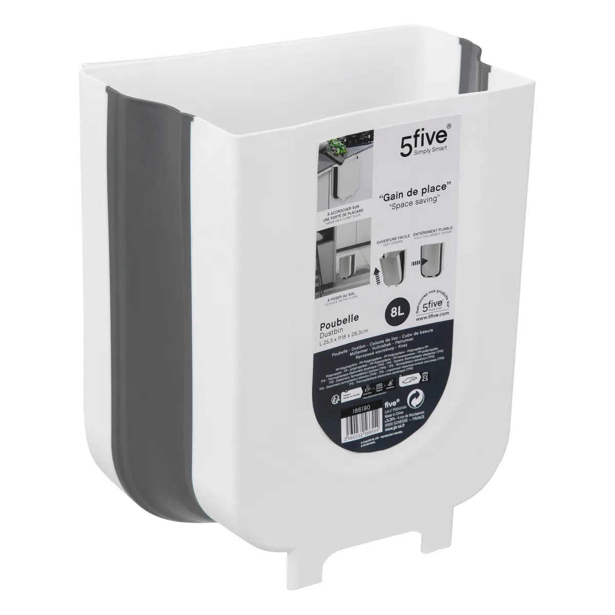 Coș de gunoi 5five, Gri/Alb, Plastic, 8 l, Pliabil